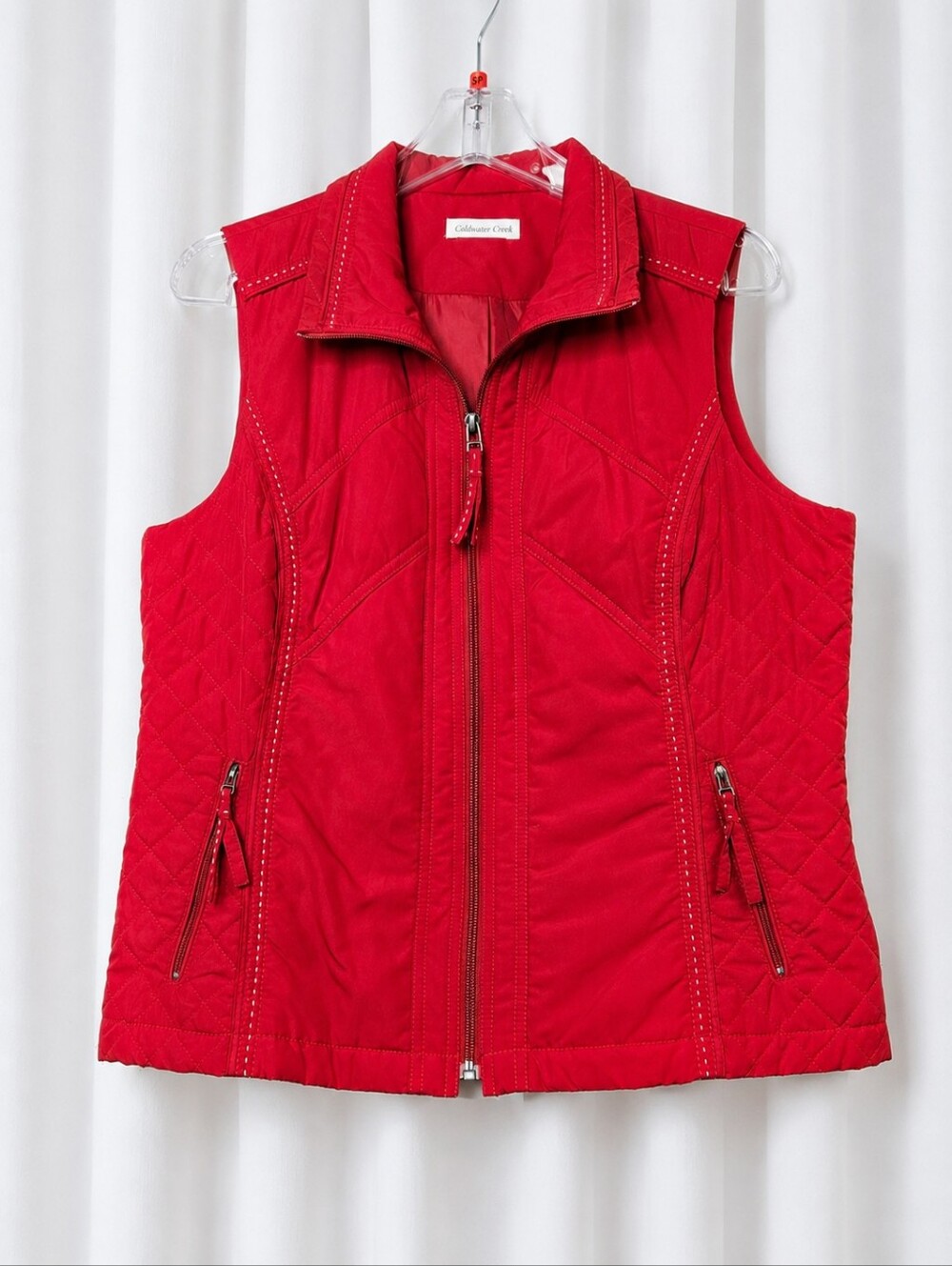 Vintage Coldwater Creek Classic Red Quilted Full Zip Vest Contrast Stitching